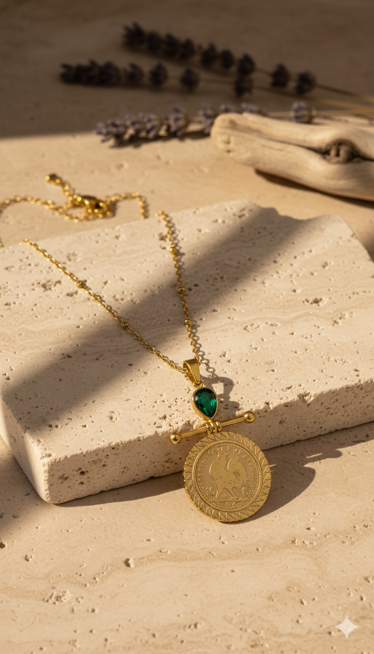 Emerald Accent French Rooster Coin Necklace