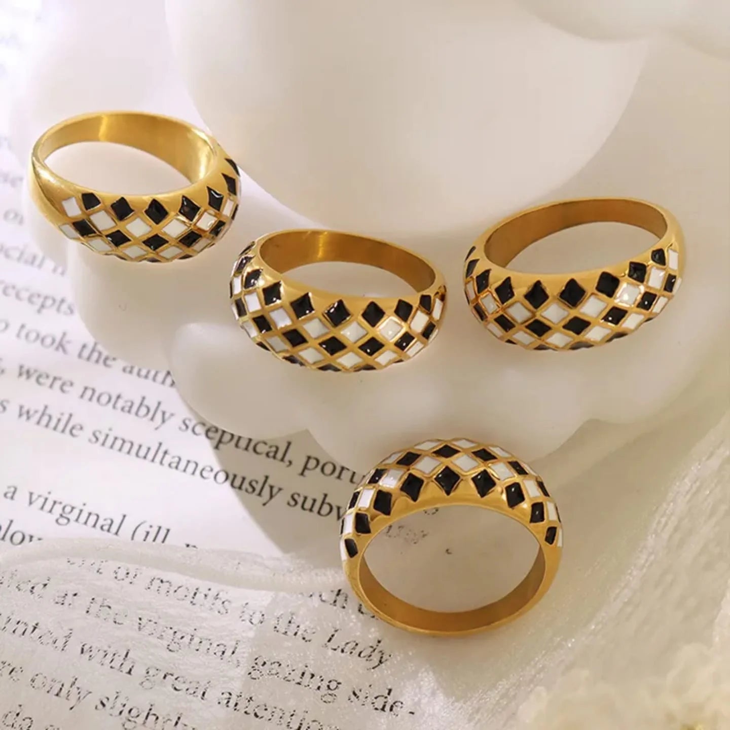 Checkerboard Enamel Dome Ring
