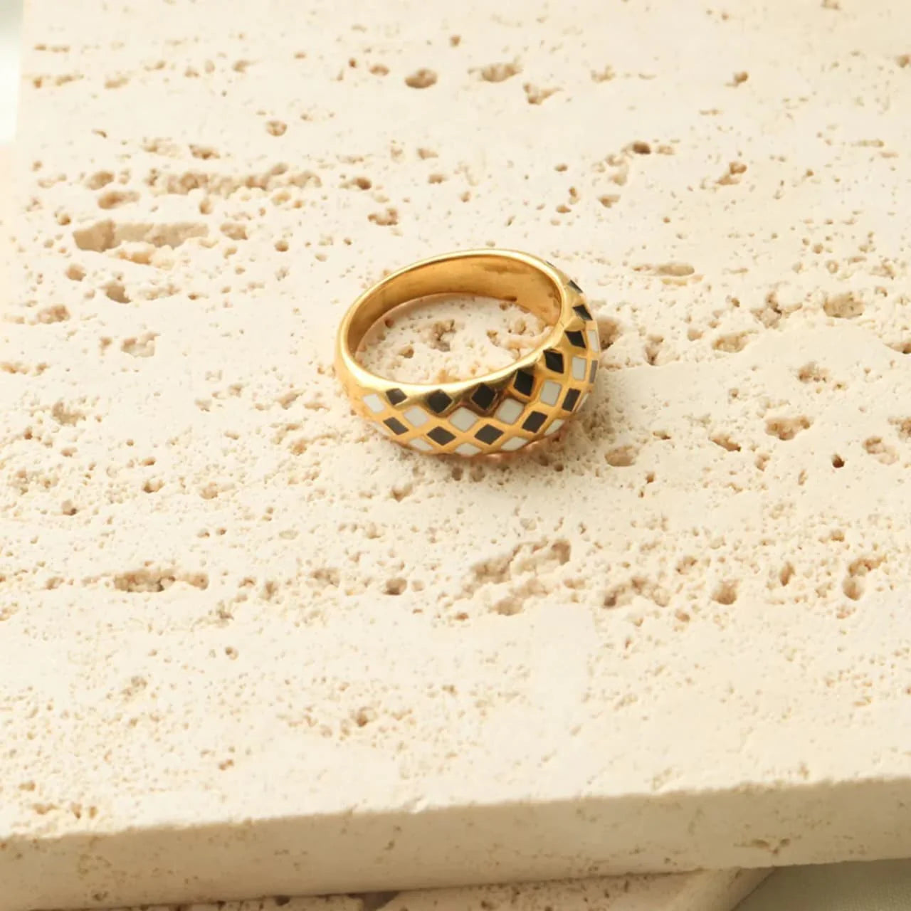 Checkerboard Enamel Dome Ring