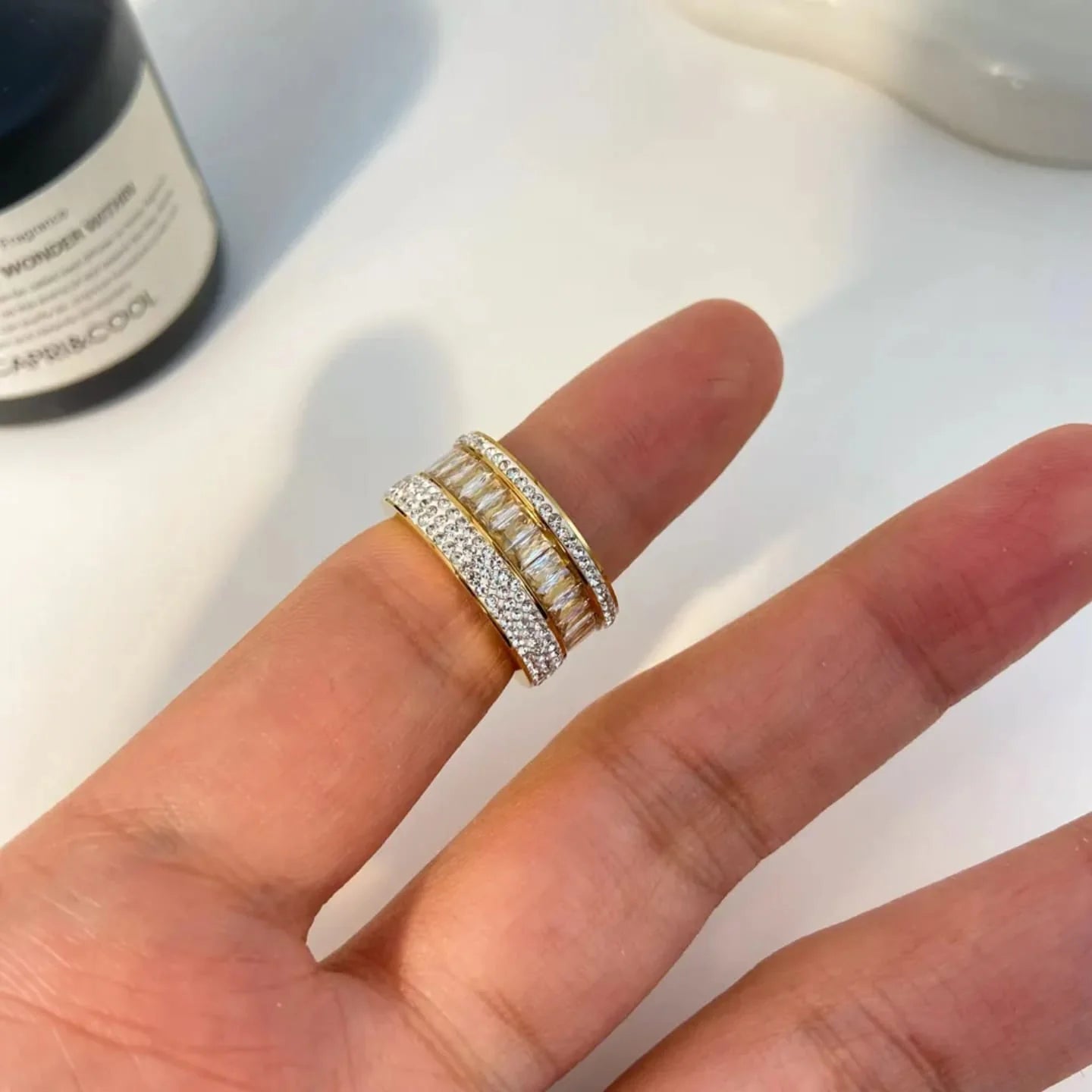 Tri-Row Pave and Baguette Statement Ring